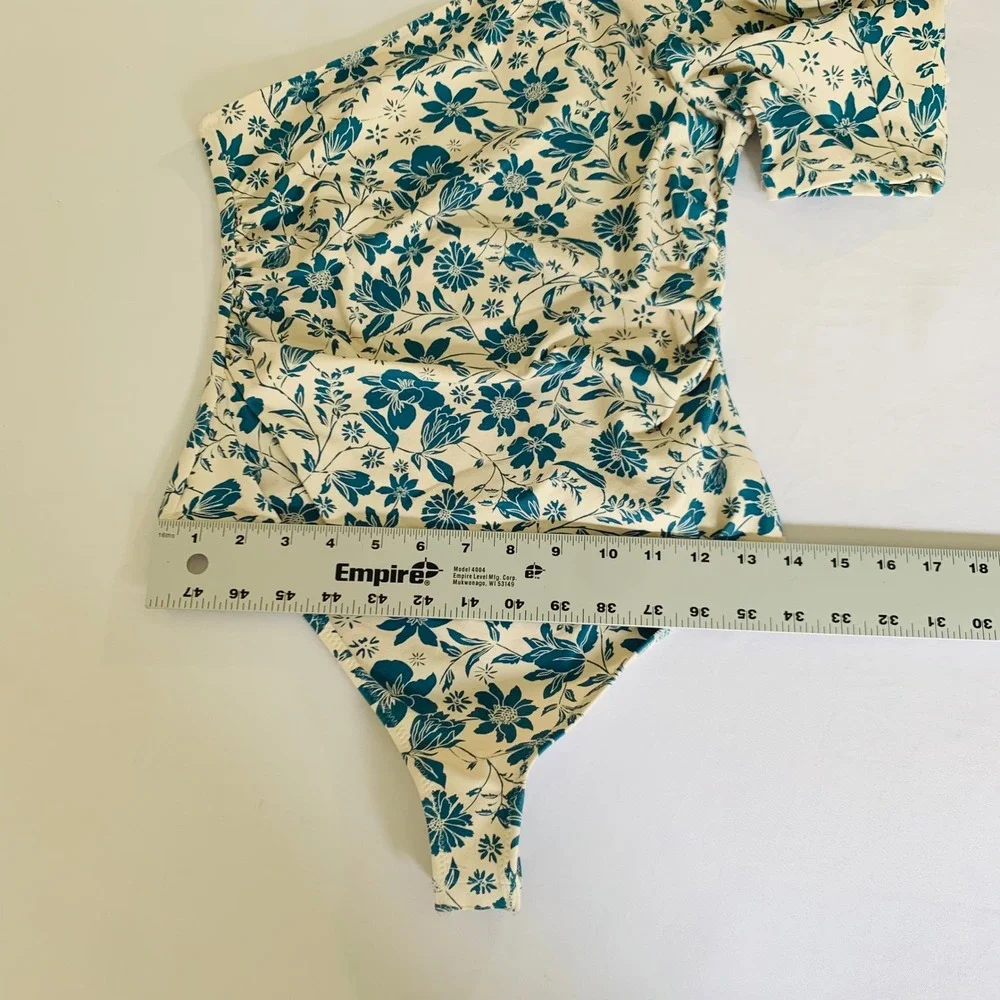 Free People Bodysuit Women S Cream Blue Floral One Shoulder Puff‎ Sleeve Boho - Picture 11 of 12